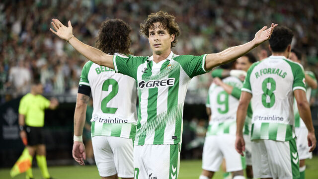 SEVILLE, SPAIN - AUGUST 21: Rodrigo Riquelme of Real Betis celebrates after scoring their side's first goal during the LaLiga EA Sports 2026/27 match between Real Betis Balompie and Real Sociedad at Estadio La Cartuja on August 21, 2026 in Seville, Spain.