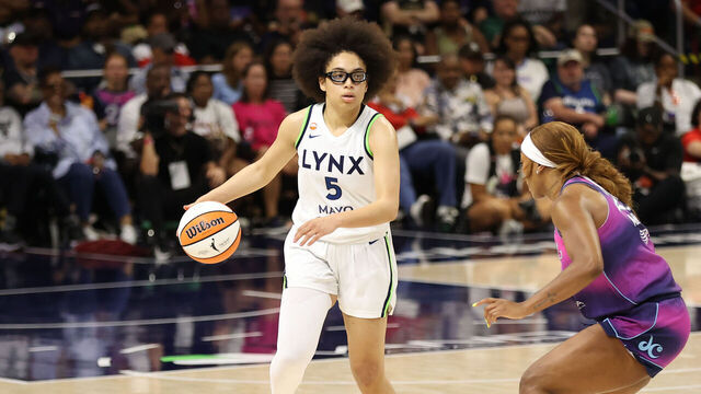 WASHINGTON, D.C. - AUGUST 21: Olivia Miles #5 of the Minnesota Lynx dribbles the ball during the game against the Washington Mystics on August 21, 2026 at CareFirst Arena in Washington, D.C. Mandatory Copyright Notice: Copyright 2026 NBAE