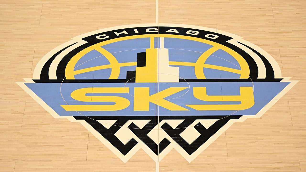 CHICAGO, ILLINOIS - MAY 06: The Chicago Sky center court logo prior to the preseason game against the Minnesota Lynx at Wintrust Arena on May 06, 2025 in Chicago, Illinois.
