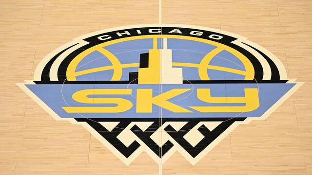 CHICAGO, ILLINOIS - MAY 06: The Chicago Sky center court logo prior to the preseason game against the Minnesota Lynx at Wintrust Arena on May 06, 2025 in Chicago, Illinois.