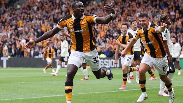 HULL, ENGLAND - AUGUST 22: Nobel Mendy of Hull City celebrates scoring his team’s second goal during the Premier League 2026/27 match between Hull City and Manchester United at MKM Stadium on August 22, 2026 in Hull, England.