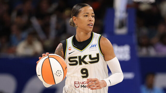 CHICAGO, ILLINOIS - AUGUST 21: Natasha Cloud #9 of the Chicago Sky dribbles against the Golden State Valkyries during the second half at Wintrust Arena on August 21, 2026 in Chicago, Illinois.