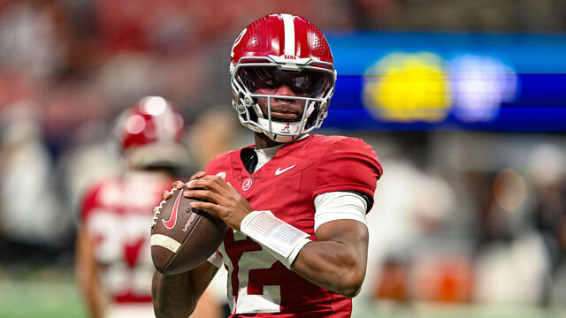 ATLANTA, GA - DECEMBER 06: Alabama quarterback Keelon Russell (12) warms up prior to the start of the SEC Championship college football game between the Alabama Crimson Tide and the Georgia Bulldogs on December 6th, 2025 at Mercedes-Benz Stadium in Atlanta, GA.