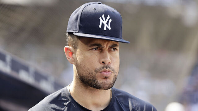 NEW YORK, NEW YORK - AUGUST 13: Giancarlo Stanton #27 of the New York Yankees looks on against the Seattle Mariners at Yankee Stadium on August 13, 2026 in New York City. The Mariners defeated the Yankees 1-0.