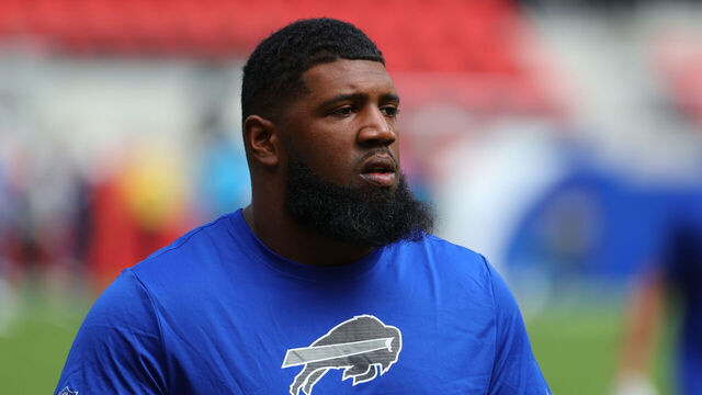 ORCHARD PARK, NEW YORK - AUGUST 15: Ed Oliver #91 of the Buffalo Bills on the field before a game against the Carolina Panthers at Highmark Stadium on August 15, 2026 in Orchard Park, New York.
