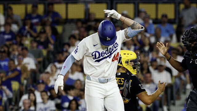 LOS ANGELES, CA - AUGUST 21, 2026: Los Angeles Dodgers center fielder Andy Pages (44) drops his bat after getting hit by a pitch from Pittsburgh Pirates pitcher Bubba Chandler (36) in the third inning at Dodger Stadium on August 21, 2026 in Los Angeles, CA. (Gina Ferazzi / Los Angeles Times via Getty Images)