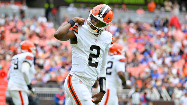 CLEVELAND, OHIO - AUGUST 22: Quarterback Shedeur Sanders #2 of the Cleveland Browns celebrates after a touchdown during the first quarter of the preseason game against the Buffalo Bills at Huntington Bank Field on August 22, 2026 in Cleveland, Ohio.