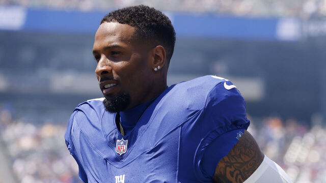EAST RUTHERFORD, NEW JERSEY - AUGUST 15: Odell Beckham Jr. #3 of the New York Giants looks on prior to the start of the pre-season game against the Minnesota Vikings at MetLife Stadium on August 15, 2026 in East Rutherford, New Jersey.