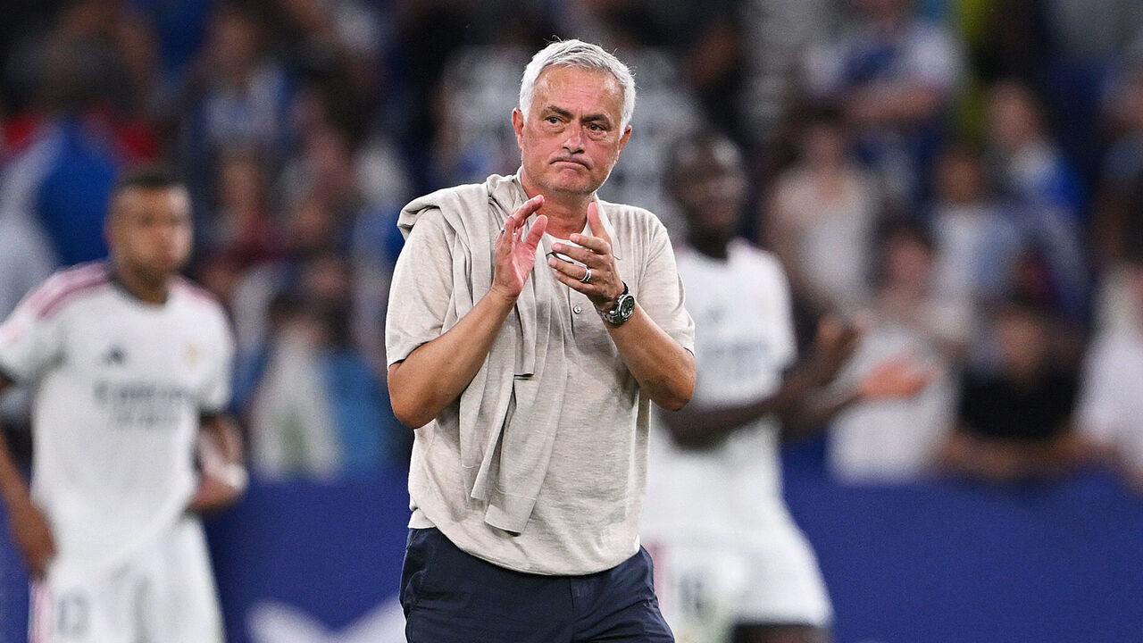 BARCELONA, SPAIN - AUGUST 22: Jose Mourinho, Head Coach of Real Madrid celebrates after the LaLiga EA Sports 2026/27 match between RCD Espanyol de Barcelona and Real Madrid at RCDE Stadium on August 22, 2026 in Barcelona, Spain.