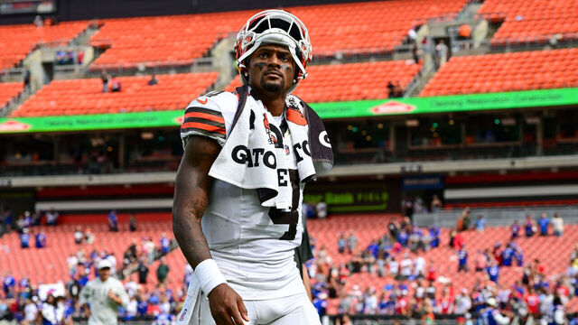 CLEVELAND, OHIO - AUGUST 22: Deshaun Watson #4 of the Cleveland Browns walks off the field after the team's 31-7 loss to the Buffalo Bills in a preseason game against the at Huntington Bank Field on August 22, 2026 in Cleveland, Ohio.