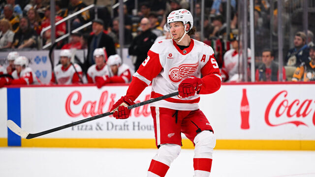 PITTSBURGH, PA - MARCH 31: Moritz Seider #53 of the Detroit Red Wings in action during the game against the Pittsburgh Penguins at PPG PAINTS Arena on March 31, 2026 in Pittsburgh, Pennsylvania.