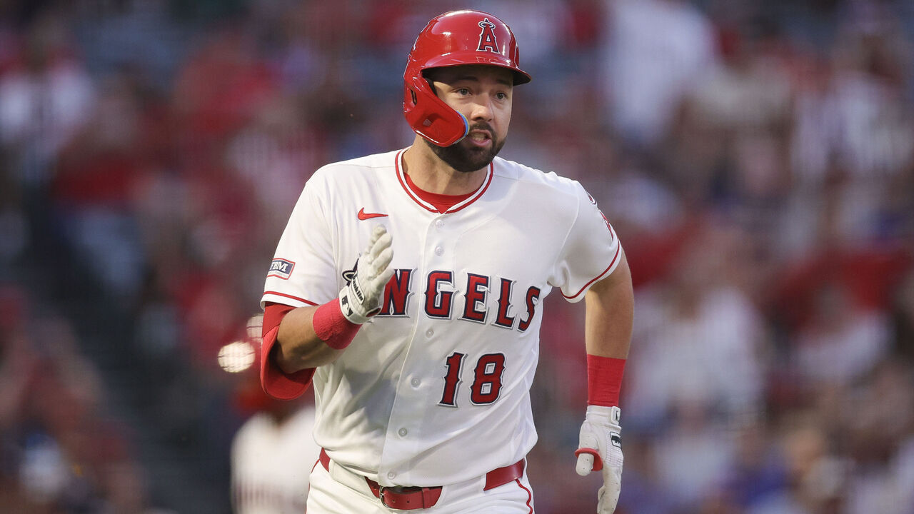 ANAHEIM, CALIFORNIA - AUGUST 14: Nolan Schanuel #18 of the Los Angeles Angels runs during the third inning against the Kansas City Royals at Angel Stadium of Anaheim on August 14, 2026 in Anaheim, California.