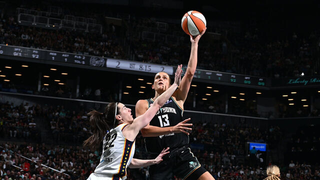 BROOKLYN, NY - AUGUST 22: Leonie Fiebich #13 of the New York Liberty drives to the basket during the game against the Indiana Fever on August 22, 2026 at Barclays Center Arena in Brooklyn, New York. Mandatory Copyright Notice: Copyright 2026 NBAE