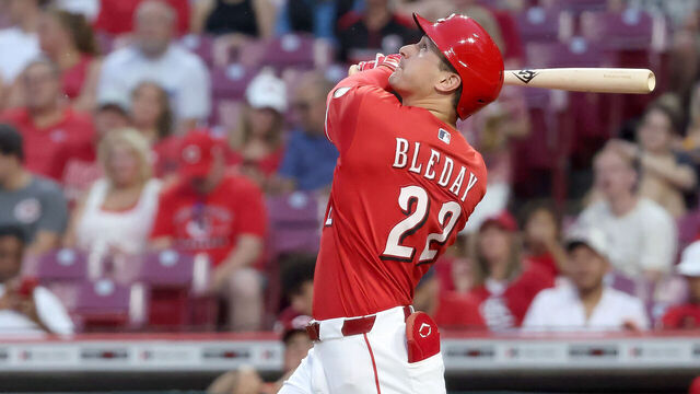 CINCINNATI, OHIO - AUGUST 19: JJ Bleday #22 of the Cincinnati Reds bats during the game against the St. Louis Cardinals at Great American Ball Park on August 19, 2026 in Cincinnati, Ohio. Cincinnati defeated St. Louis 5-4.