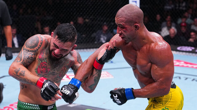 SACRAMENTO, CALIFORNIA - AUGUST 22: (R-L) Gregory Rodrigues of Brazil punches Anthony Hernandez in a middleweight fight during the UFC Fight Night event at Golden 1 Center on August 22, 2026 in Sacramento, California.