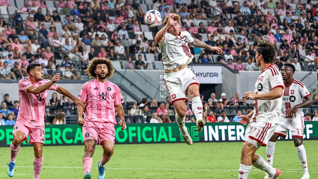 MIAMI, FL - AUGUST 22: Josh Sargent (9) of the Toronto FC heads the ball towards goal as Maximiliano Falcon (37) of the Inter Miami CF looks on during the MLS match between Toronto FC and Inter Miami CF on August 22,2026 at NU Stadium, Miami, Fla.
