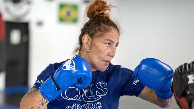 Huntington Beach , CA - August 13: PFL Featherweight Champion Cris Cyborg works with Thai Boxing coach Aaron Seuua Daao at the Gazze Academy in Huntington Beach on Thursday, August 13, 2024.