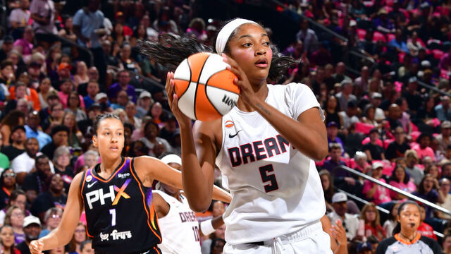 PHOENIX, AZ - AUGUST 22: Angel Reese #5 of the Atlanta Dream handles the ball during the game against the Phoenix Mercury on August 22, 2026 at Mortgage Matchup Center in Phoenix, Arizona. Mandatory Copyright Notice: Copyright 2026 NBAE
