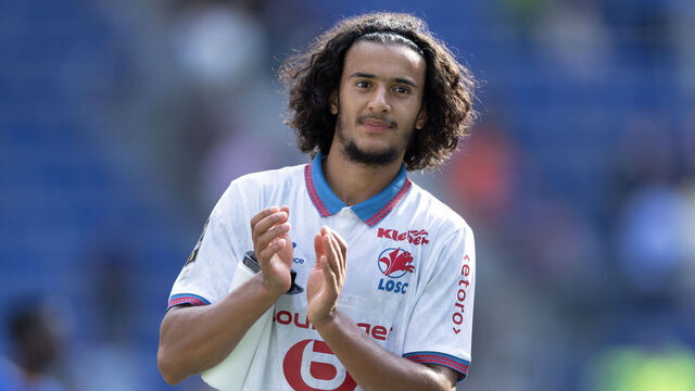 LIVERPOOL, ENGLAND - AUGUST 15: Ayyoub Bouaddi of LOSC Lille acknowledges the fans after the pre-season friendly match between Everton and OSC Lille at Hill Dickinson Stadium on August 15, 2026 in Liverpool, United Kingdom.