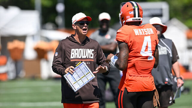 BEREA, OHIO - AUGUST 03: Head coach Todd Monken of the Cleveland Browns instructs Deshaun Watson #4 during the Cleveland Browns Training Camp at CrossCountry Mortgage Campus on August 03, 2026 in Berea, Ohio.
