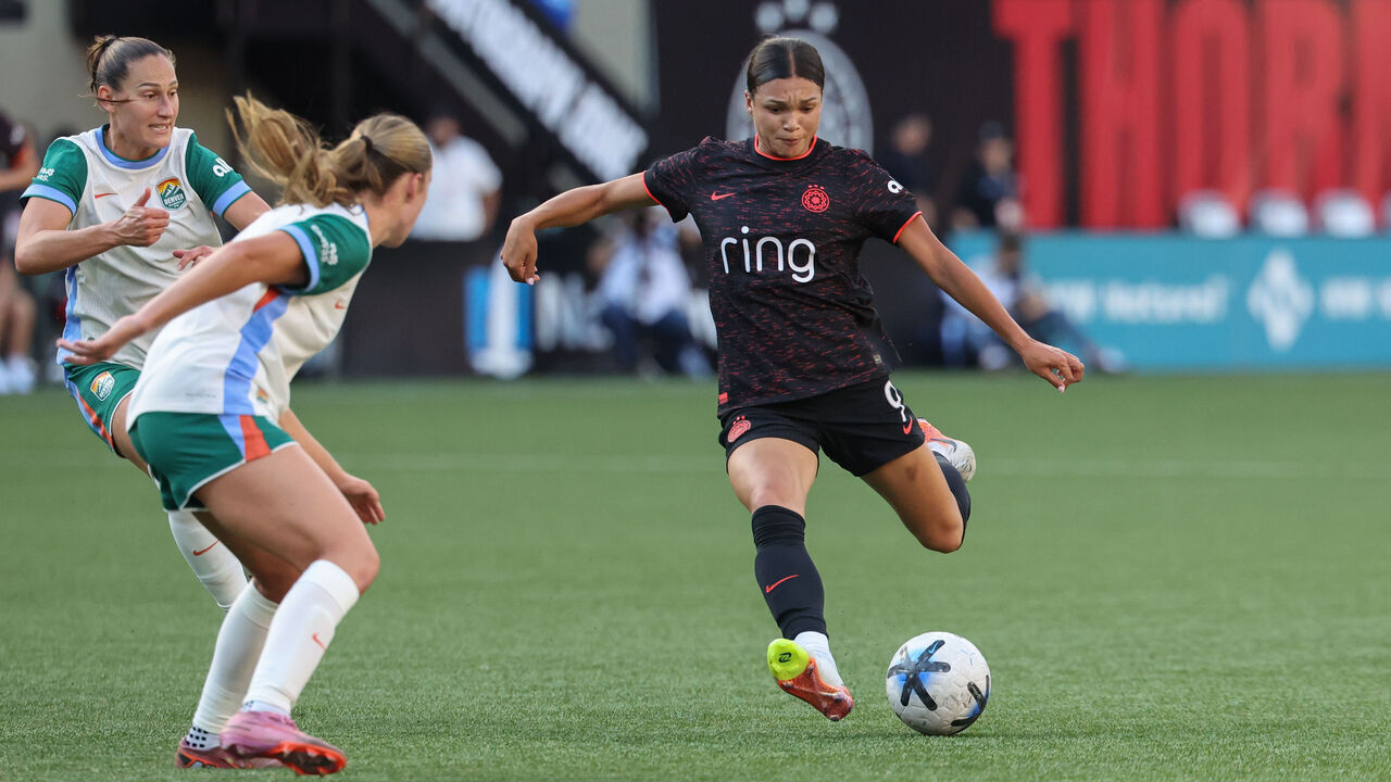 PORTLAND, OREGON - AUGUST 22: Sophia Wilson #9 of Portland Thorns FC takes a shot on goal during a game between Denver Summit FC and Portland Thorns FC at Providence Park on August 22, 2026 in Portland, Oregon.