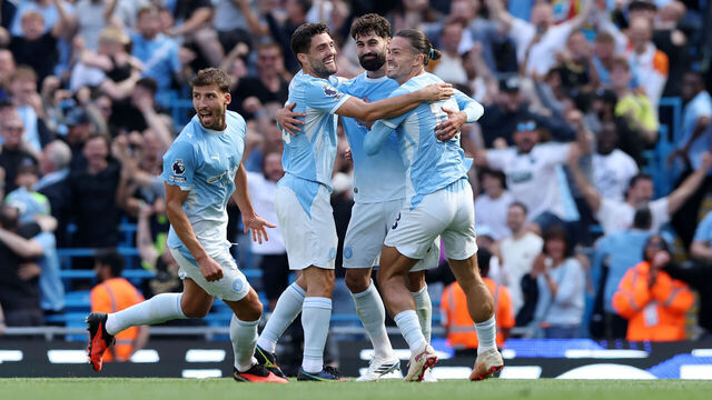 MANCHESTER, ENGLAND - AUGUST 23: Josko Gvardiol of Manchester City celebrates scoring his team’s second goal with Mateo Kovacic, Jack Grealish and Ruben Dias during the Premier League 2026/27 match between Manchester City and AFC Bournemouth at Etihad Stadium on August 23, 2026 in Manchester, England.