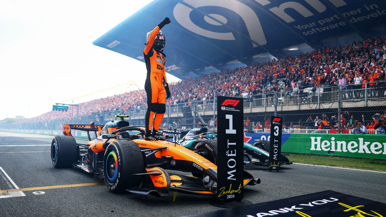 ZANDVOORT, NETHERLANDS - AUGUST 23: Race winner Lando Norris of Great Britain and McLaren celebrates on arrival in parc ferme during the F1 Grand Prix of Netherlands at Circuit Zandvoort on August 23, 2026 in Zandvoort, Netherlands.