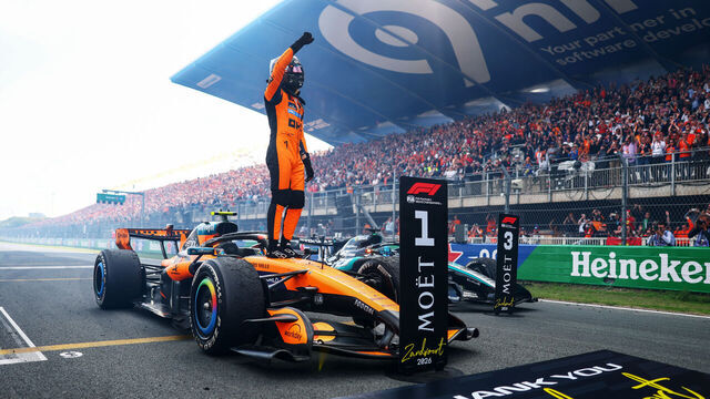 ZANDVOORT, NETHERLANDS - AUGUST 23: Race winner Lando Norris of Great Britain and McLaren celebrates on arrival in parc ferme during the F1 Grand Prix of Netherlands at Circuit Zandvoort on August 23, 2026 in Zandvoort, Netherlands.