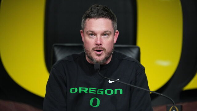 EUGENE, OREGON - DECEMBER 20: Head coach Dan Lanning of the Oregon Ducks speaks to the media after the game against the James Madison Dukes at Autzen Stadium on December 20, 2025 in Eugene, Oregon.