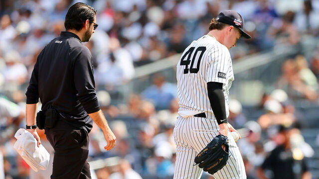 BRONX, NY - AUGUST 22: Ryan Weathers #40 of the New York Yankees leaves the game with an injury during the fourth inning of the game against the Toronto Blue Jays on August 22, 2026 at Yankee Stadium in the Borough of the Bronx, New York.