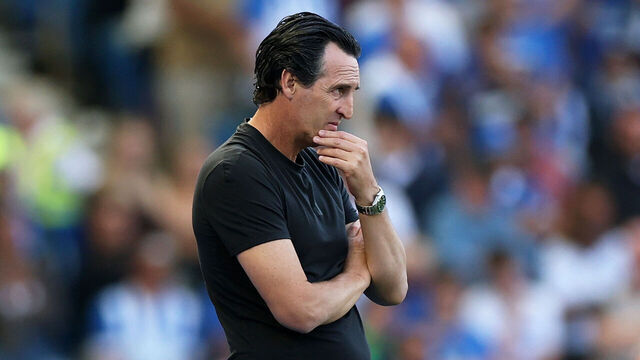 BRIGHTON, ENGLAND - AUGUST 23: Unai Emery, Manager of Aston Villa, looks on during the Premier League 2026/27 match between Brighton & Hove Albion and Aston Villa FC at American Express Stadium on August 23, 2026 in Brighton, England.