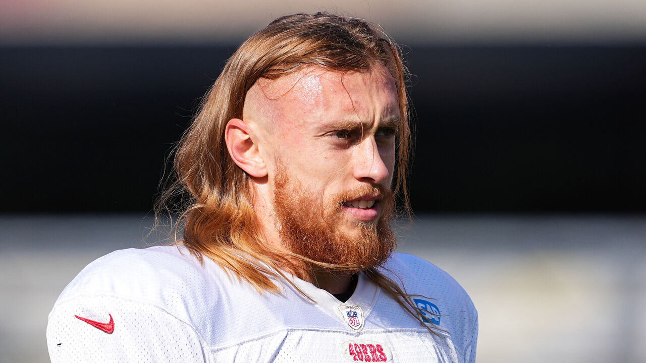 LAS VEGAS, NEVADA - FEBRUARY 08: George Kittle #85 looks on during San Francisco 49ers practice ahead of Super Bowl LVIII at Fertitta Football Complex on February 08, 2024 in Las Vegas, Nevada.