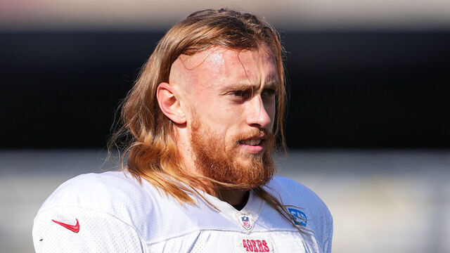 LAS VEGAS, NEVADA - FEBRUARY 08: George Kittle #85 looks on during San Francisco 49ers practice ahead of Super Bowl LVIII at Fertitta Football Complex on February 08, 2024 in Las Vegas, Nevada.
