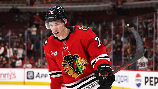 CHICAGO, ILLINOIS - APRIL 15: Alex Vlasic #72 of the Chicago Blackhawks looks on against the San Jose Sharks at the United Center on April 15, 2026 in Chicago, Illinois.
