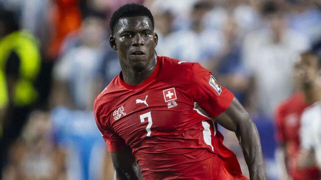 KANSAS CITY, MO - JULY 11: Breel Embolo #7 of Switzerland jogs upfield during the FIFA World Cup 2026 quarterfinal match between Argentina and Switzerland on July 11, 2026 at the Kansas City Stadium in Kansas City, MO.