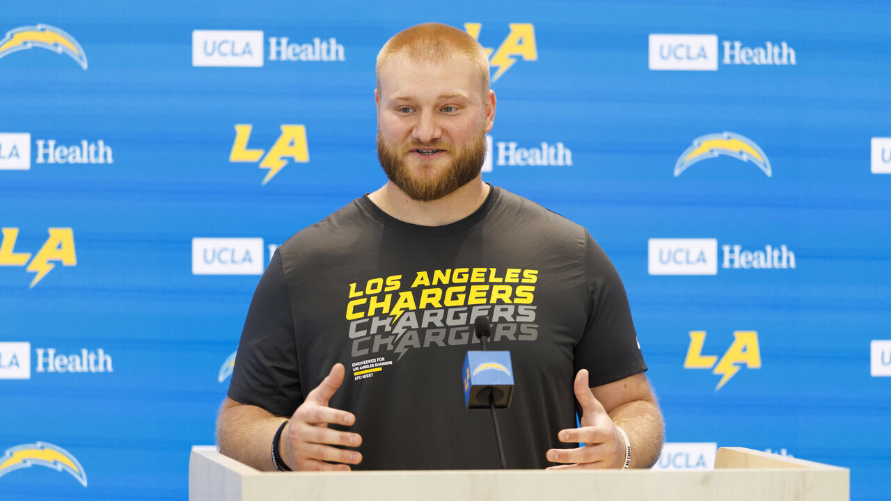 EL SEGUNDO, CALIFORNIA - APRIL 20: Tyler Biadasz of the Los Angeles Chargers addresses members of the media during a press conference after offseason workouts at The Bolt on April 20, 2026 in El Segundo, California.