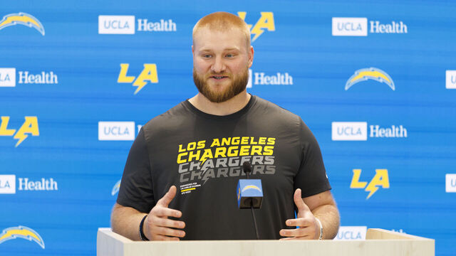 EL SEGUNDO, CALIFORNIA - APRIL 20: Tyler Biadasz of the Los Angeles Chargers addresses members of the media during a press conference after offseason workouts at The Bolt on April 20, 2026 in El Segundo, California.