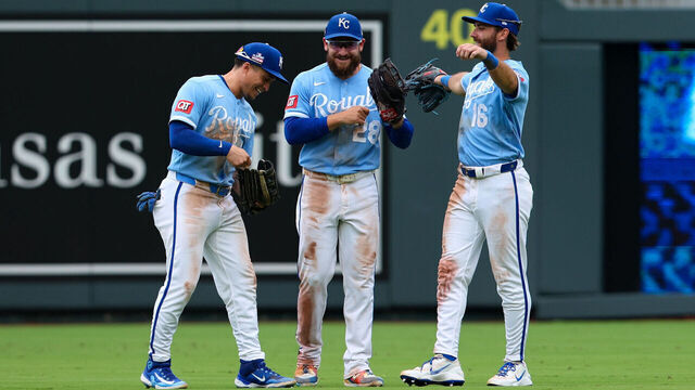 KANSAS CITY, MO - AUGUST 23: Members of the Kansas City Royals celebrate after the Royals defeated the Detroit Tigers at Kauffman Stadium on Sunday, August 23, 2026 in Kansas City, Missouri.