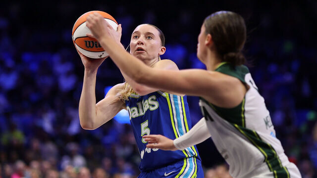 ARLINGTON, TEXAS - AUGUST 23: Paige Bueckers #5 of the Dallas Wings is defended by Jade Melbourne #5 of the Seattle Storm during the second half at College Park Center on August 23, 2026 in Arlington, Texas. NOTE TO USER: User expressly acknowledges and agrees that, by downloading and or using this photograph, User is consenting to the terms and conditions of the GettyImages License Agreement.
