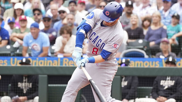 SEATTLE, WA - AUGUST 23: Ian Happ #8 of the Chicago Cubs hits a grand slam home run in the third inning during the game between the Chicago Cubs and the Seattle Mariners at T-Mobile Park on Sunday, August 23, 2026 in Seattle, Washington.