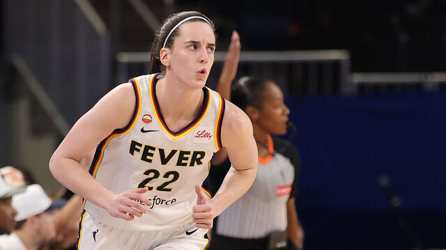 CHICAGO, ILLINOIS - AUGUST 23: Caitlin Clark #22 of the Indiana Fever celebrates a three pointer against the Chicago Sky during the first half at Wintrust Arena on August 23, 2026 in Chicago, Illinois.