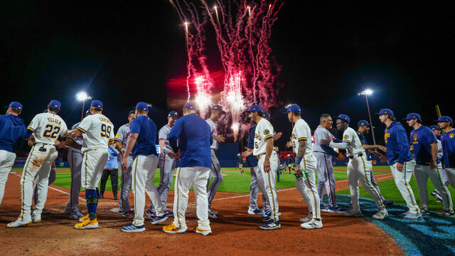 WILLIAMSPORT, PA - AUGUST 23: Members of the Milwaukee Brewers and the Atlanta Braves shake hands at home plate after the 2026 Little League Classic presented by New York Life between the Atlanta Braves and the Milwaukee Brewers at Journey Bank Ballpark at Historic Bowman Field on Sunday, August 23, 2026 in Williamsport, Pennsylvania.