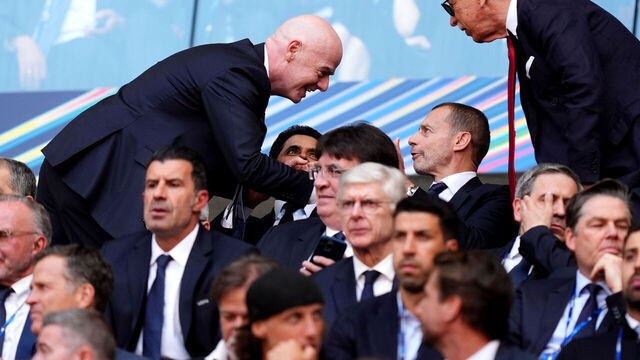 FIFA president Gianni Infantino (left) greets Arsenal owner Stan Kroenke (right) and UEFA president Aleksander Ceferin during the UEFA Champions League Final at the Puskas Arena, Budapest. Picture date: Saturday May 30, 2026.