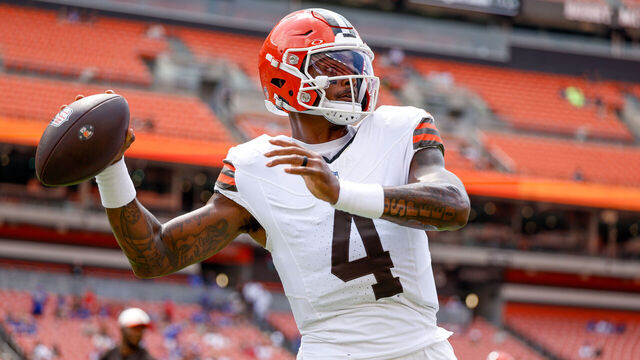 CLEVELAND, OHIO - AUGUST 22: Deshaun Watson #4 of the Cleveland Browns warms up prior to a preseason game against the Buffalo Bills at Huntington Bank Field on August 22, 2026 in Cleveland, Ohio.
