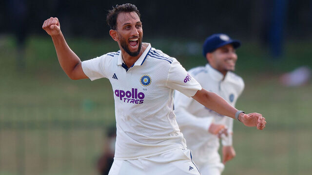 COLOMBO, SRI LANKA - AUGUST 24: Prasidh Krishna of India celebrates the wicket of Lahiru Udara of Sri Lanka during the Second day of the Second Test Match in the series between Sri Lanka and India at SSC Grounds on August 24, 2026 in Colombo, Sri Lanka.