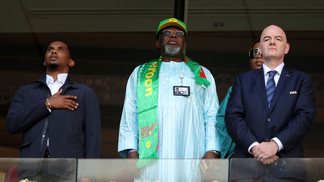 AL WAKRAH, QATAR - NOVEMBER 24: FIFA President Gianni Infantino with Samuel Eto’o and President of Cameroon Paul Biya before the FIFA World Cup Qatar 2022 Group G match between Switzerland and Cameroon at Al Janoub Stadium on November 24, 2022 in Al Wakrah, Qatar.