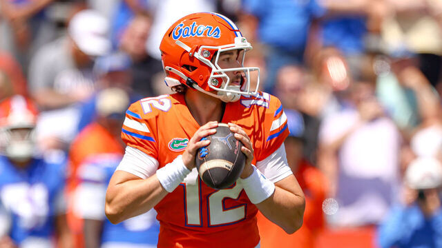 GAINESVILLE, FLORIDA - APRIL 11: Aaron Philo #12 of the Florida Gators looks for a pass during the Florida Gators Orange and Blue Game at Ben Hill Griffin Stadium on April 11, 2026 in Gainesville, Florida.