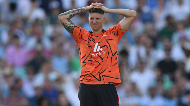 LONDON, ENGLAND - AUGUST 14: Brydon Carse of SunRisers Leeds reacts during The Eliminator between Manchester Super Giants Men and SunRisers Leeds Men at The Kia Oval on August 14, 2026 in London, England.