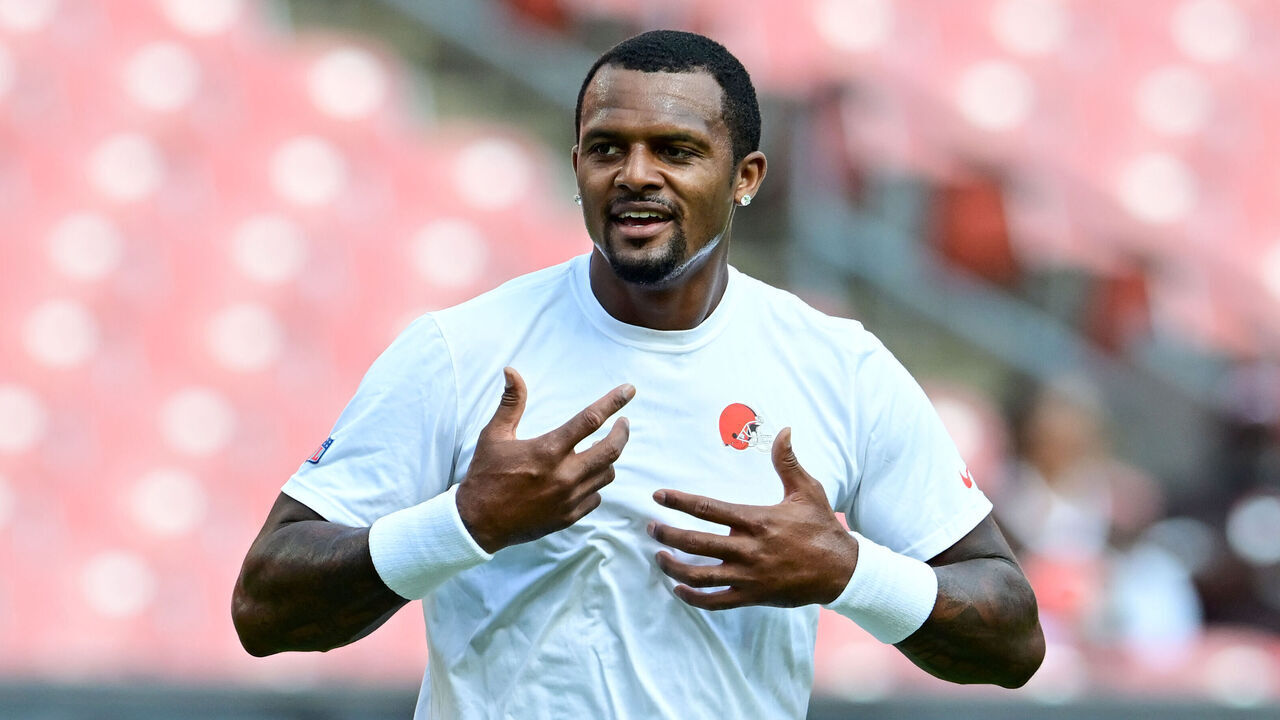 CLEVELAND, OHIO - AUGUST 22: Deshaun Watson #4 of the Cleveland Browns warms up prior to a preseason game against the Buffalo Bills at Huntington Bank Field on August 22, 2026 in Cleveland, Ohio.