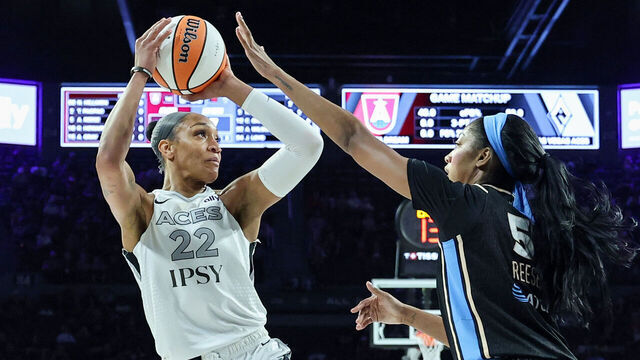LAS VEGAS, NEVADA - AUGUST 18: A'ja Wilson #22 of the Las Vegas Aces shoots against Angel Reese #5 of the Atlanta Dream in the first quarter of their game at Michelob ULTRA Arena on August 18, 2026 in Las Vegas, Nevada. The Dream defeated the Aces 97-82.